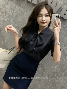 夏季新款韩版行政女装套装女短袖职业装黑色衬衫套裙美容师工作服
