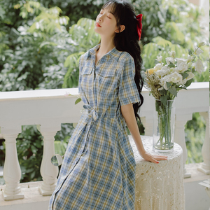 小清新连衣裙少女夏装2022新款初中高中学生甜美收腰格子衬衫裙子