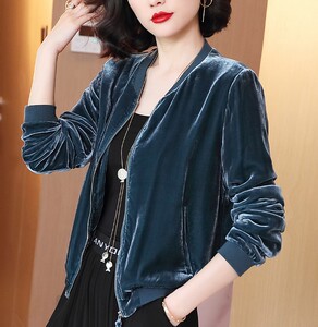 真丝绒新款高端外套女春秋真丝上衣丝绒夹克桑蚕丝棒球服金丝绒