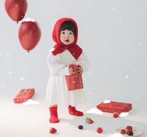 创意新年儿童摄影服装道具网红色毛线帽子影楼宝宝拍照圣诞小红帽