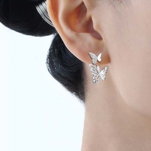 纯银不对称镂空大小蝴蝶耳钉可两戴后挂式设计时尚欧美辣妹风耳环
