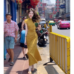 新中式国风改良旗袍连衣裙女夏季新款绝美盘扣提花开叉包臀中长裙