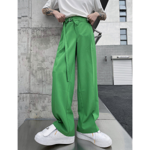 【爱穿帮】 韩版腰带设计感阔腿西裤男网红ins绿色百搭直筒裤潮流