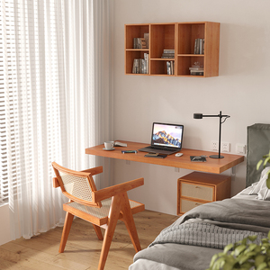 日式实木壁挂悬空书桌现代简约靠墙一字长条桌卧室家用原木电脑桌