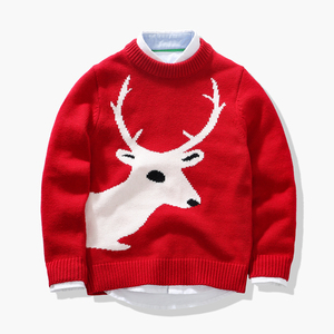 外贸童装新年新款男童麋鹿圣诞节厚实毛衣含羊毛儿童红色针织衫B
