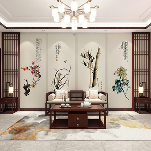 中式梅兰竹菊壁画客厅茶室墙布工笔画中堂背景墙花鸟装饰画壁纸