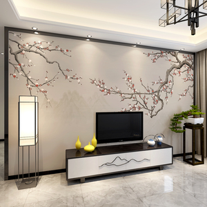 新中式电视背景墙壁纸客厅3d立体手绘古风花鸟壁纸壁画影视墙墙布