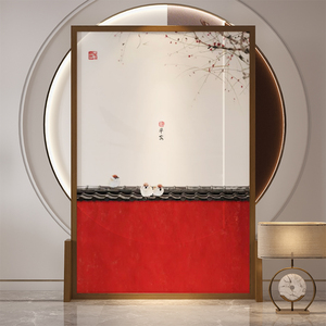 新中式屏风隔断客厅玄关中国风红色梅花古典背景卧室现代轻奢座屏
