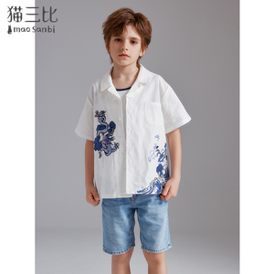 中国风龙刺绣男童短袖衬衫夏季新疆云南度假风儿童棉麻古巴领衬衣