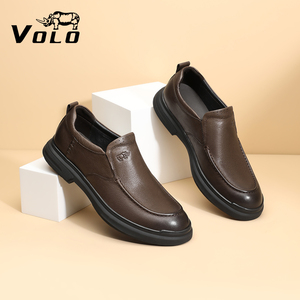 volo/犀牛圆头一脚蹬商务真皮软底头层牛皮中年爸爸休闲皮鞋男