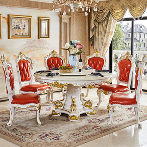欧式圆桌美式别墅奢华大理石实木雕花白色带转盘家用吃饭客厅餐桌