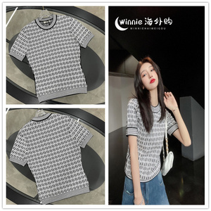 fendi/芬迪 春夏女士满印老花字母logo针织衫圆领白色休闲短袖t恤