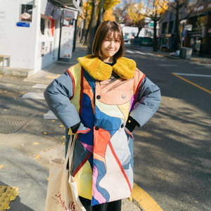 古拉良品gula原创复古印花拼接宽松羽绒服