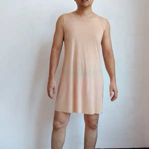 夏季性感睡衣男冰丝无痕背心中长款纯色大码透明吊带薄款包臀睡裙