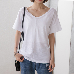 夏季新款短袖t恤女纯棉大领口竹节棉休闲宽松半袖v领百搭韩版上衣