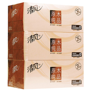 青岛奥博文具 清风原木纯品硬盒装抽纸2层200抽 1提3盒
