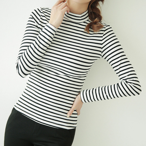 纯棉黑白细横条纹长袖女t恤打底衫百搭半高领中领小立领内搭上衣