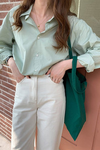 浅绿色长袖衬衫女学生韩系宽松百搭打底上衣复古慵懒风衬衣别致棉
