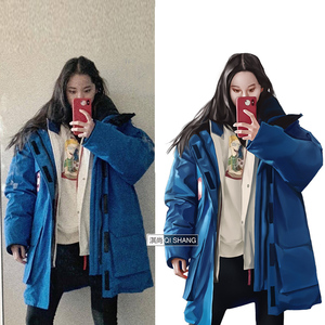 明星何穗欧阳娜娜同款蓝色羽绒服女oversize中长款情侣工装派克服