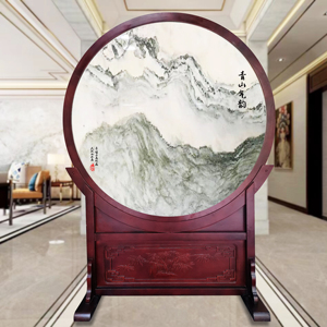 天然大理石山水画玉石屏风落地实木风水摆件客厅玄关过道隔断装饰