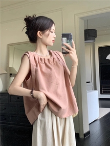 粉色韩版无袖上衣女ins宽松复古亚麻休闲系带设计感气质度假风T恤