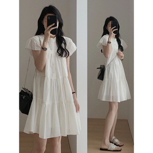法式白色仙女连衣裙子女夏季甜美减龄显瘦小众设计感小飞袖娃娃裙