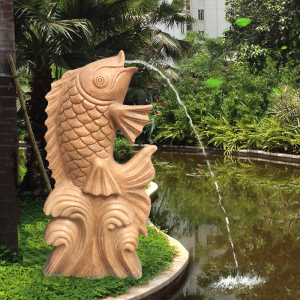 石雕喷水鱼石头吐水小鱼户外石材流水鱼庭院水池喷泉鲤鱼雕刻摆件