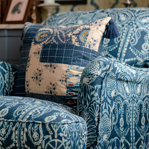 哥伦雅窗帘JINGO罗马尼亚原装进口 复古欧式靛蓝花卉线条沙发布艺