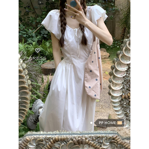 PPHOME公主派对~法式泡泡袖v领连衣裙女夏季甜美仙女裙白色长裙子