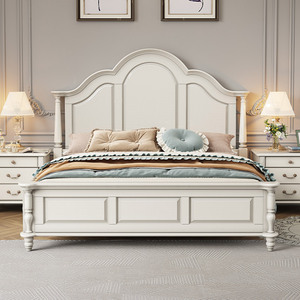 美式白色全实木高箱双人床风格家具1.8米婚床原木欧式铺板床卧室