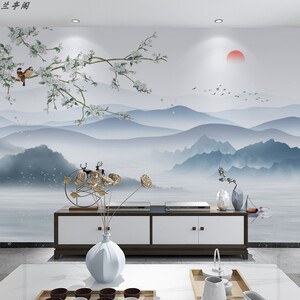 新中式山水画影视墙壁纸日出客厅电视背景墙无缝墙布连绵山峰墙纸