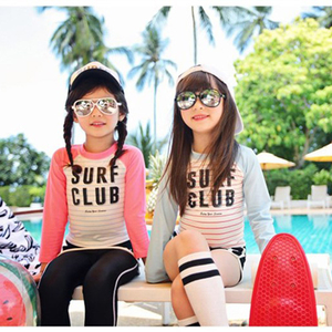 韩版儿童字母套头拼色时尚沙滩潜水服中大童防晒长袖分体游泳衣女