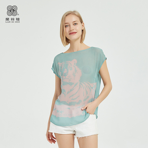 兰丝绘女装旗舰店夏季新款短袖t恤女士薄款动物图案圆领套头衫