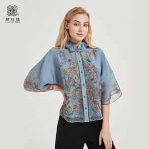 兰丝绘女装旗舰店新款桑蚕丝短袖衬衫女士扭扣衬衣气质大方上衣