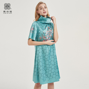 兰丝绘女装2020新款桑蚕丝湖绿短袖连衣裙高领中裙印花时尚13308