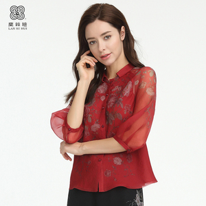 兰丝绘荷叶领长袖衬衫女夏季桑蚕丝上衣中式印花大红色真丝衬衣