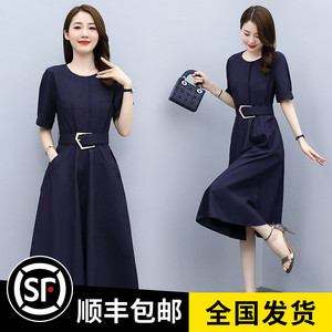 正品哥弟新款国内专柜女装2022夏季显瘦附腰带中长裙短袖连衣裙女