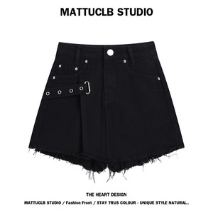 MATTUCLB 黑色牛仔短裤女夏季薄款高腰显瘦个性设计感A字毛边热裤