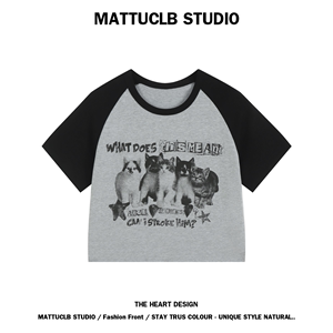 MATTUCLB STUDIO 美式复古短款T恤插肩短袖紧身露脐辣妹猫咪上衣