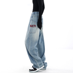 KEN STUDIO原创设计字母刺绣牛仔裤女大口袋高腰复古阔腿裤直筒裤