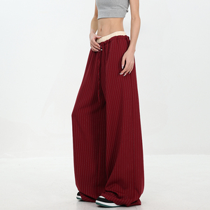 KEN STUDIO原创夏季新款复古红色条纹西装裤双裤腰设计垂感拖地裤
