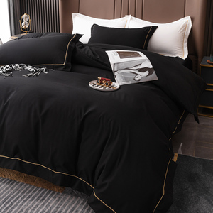 欧式纯黑色水洗棉四件套磨毛床单被套轻奢高级感被罩夏季床上用品