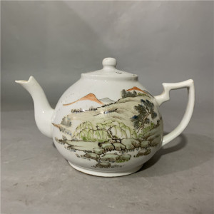 民国浅绛彩山水茶壶名家余焕文作厂货仿博物馆老瓷器古董古玩旧货