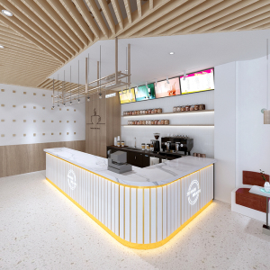 奶茶店吧台水吧白色收银台圆弧大理石商用简约现代甜品店转角定做