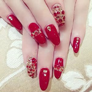 包邮娇宝日系大红色光疗封层手工新娘假指甲美甲贴片成品