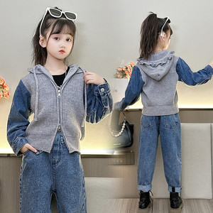 韩版女童牛仔袖拼接毛衣外套个性时尚2023新款秋冬装儿童洋气上衣