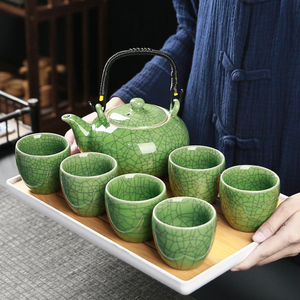 青瓷哥窑提梁泡茶壶大号功夫茶具套装家用冰裂陶瓷大容量茶杯整套