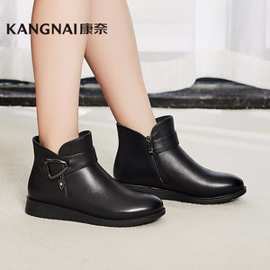 康奈女鞋2022年冬季新款真皮女靴舒适圆头加绒保暖短筒全皮女棉鞋