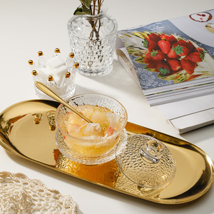 索厨 欧式带盖燕窝盅 浮雕玻璃甜品碗套碗透明家用套装水晶纹中式