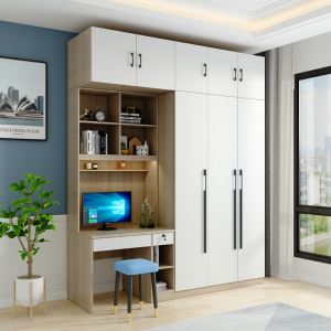 现代简约实木卧室大衣柜连体书桌学生学习桌子书柜电脑桌一体组装